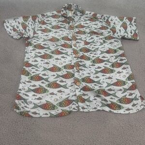 Tropical Bros Shirt Mens Medium Fish Print Blue Short Sleeve Button Up Beach Fun